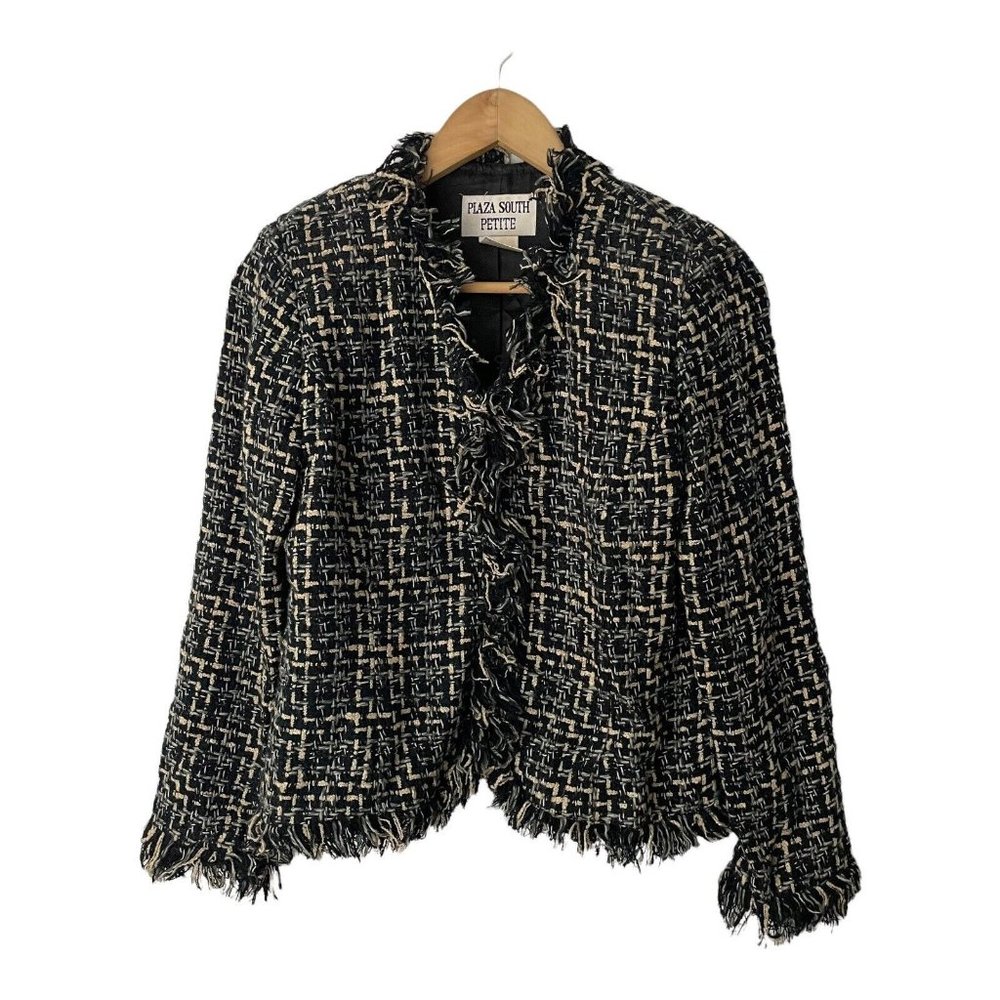 Vtg Plaza South Petite Tweed Black Fringe Blazer Jacket Size 6P